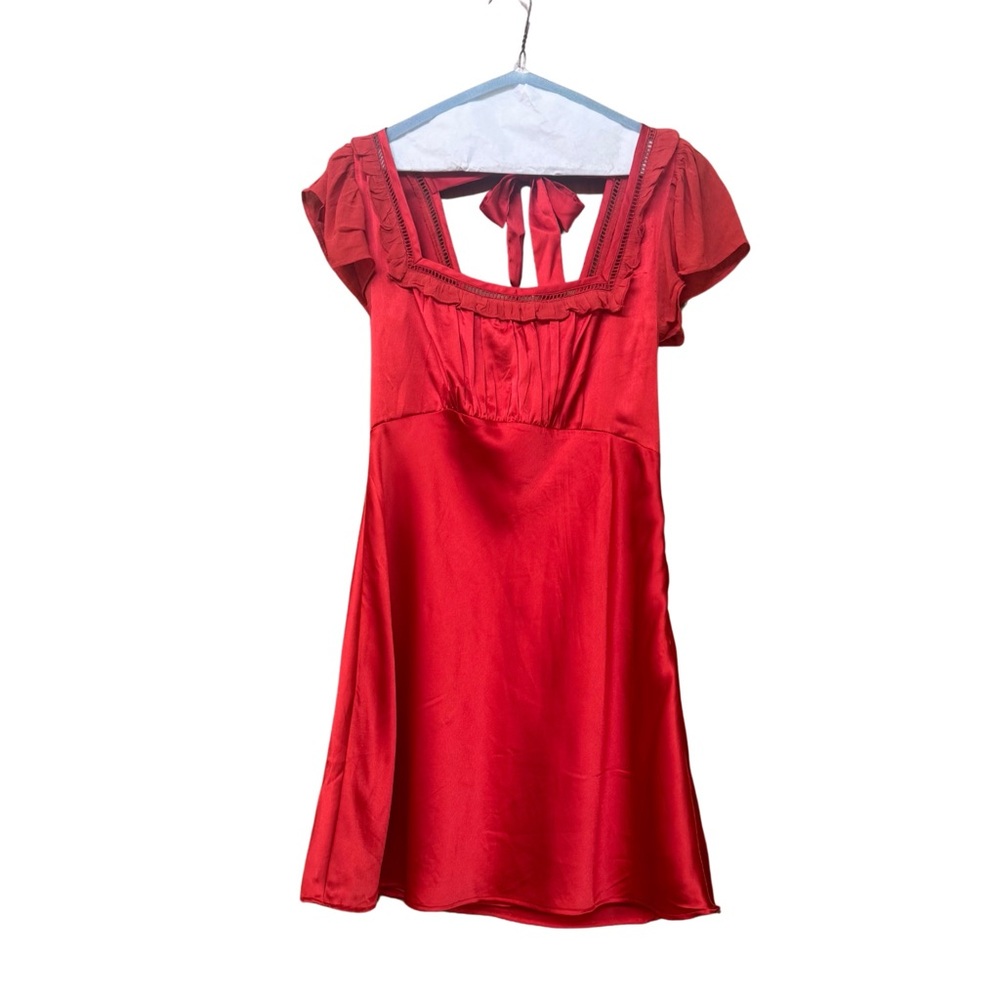 NWT Free People Cherry Red Satin Mini Dress, Fit & Flare, Flutter sleeves (S)